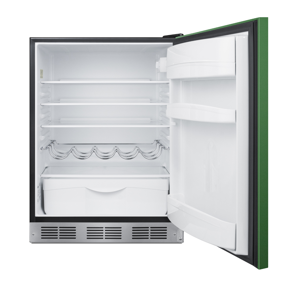 24 in. wide ADA height all-refrigerator for residential use, auto defrost with an emerald green door, stainless steel handle, and black cabinet